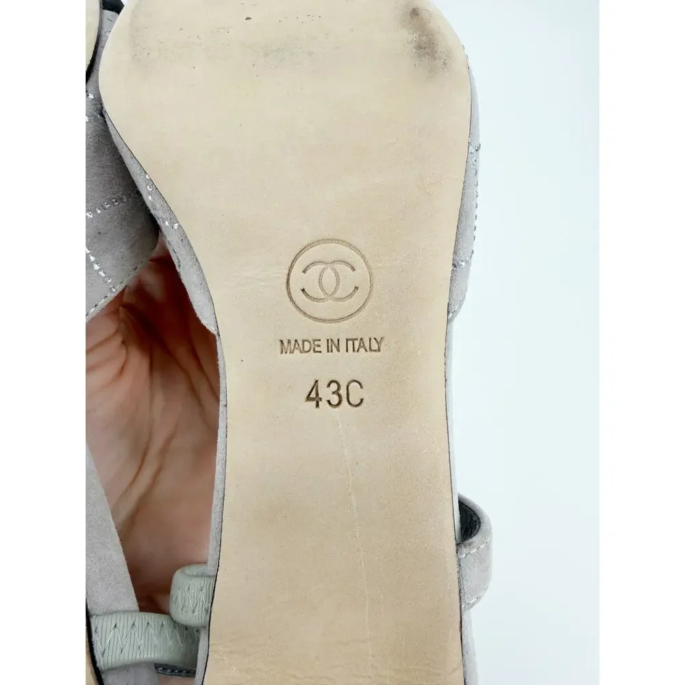 Chanel Quilted Suede Slingback Gray Crystal CC Logo Pumps Heels Size 43 EU 12